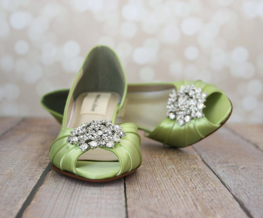 Wedding Shoes, Green Low Heel Open Toe Comfortable Custom Bridal