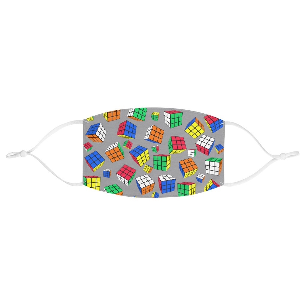 Rubik's Cube Face Mask - Reusable, Washable, Adjustable Ear Loops, Fabric Cubes All Over Grey