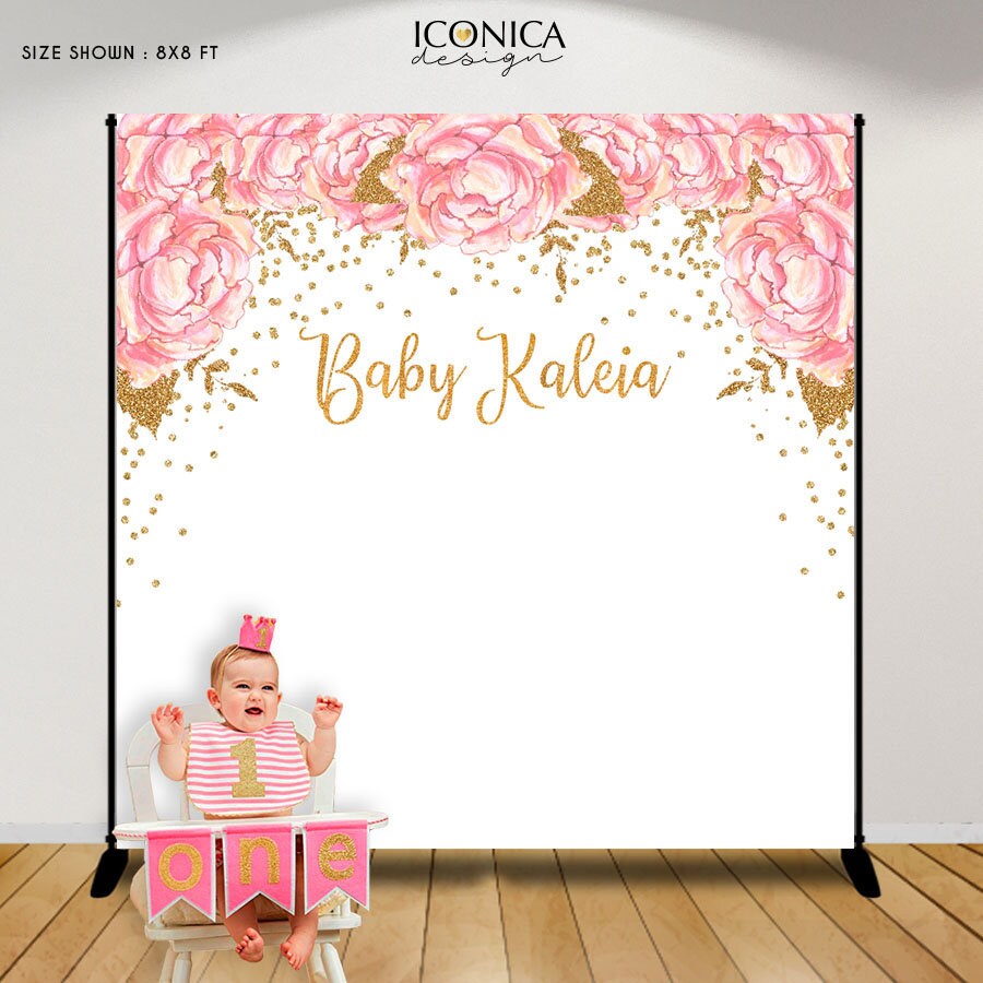 First Birthday Backdrop, Pink Flowers & Gold Faux Glitter Decor, Any Wording, Printed Or Printable File Bbr0030