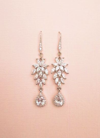 Bridal Earrings Boho, Wedding Art Deco, Leaf Earrings, Sterling Silver Crystal Jewelry For Brides, Teardrop