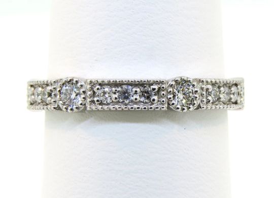 14K White Gold Antique Style 0.56Ct Diamond Bezel & Pave Set Milgrain Wedding Band Eternity Stackable Ring Anniversary