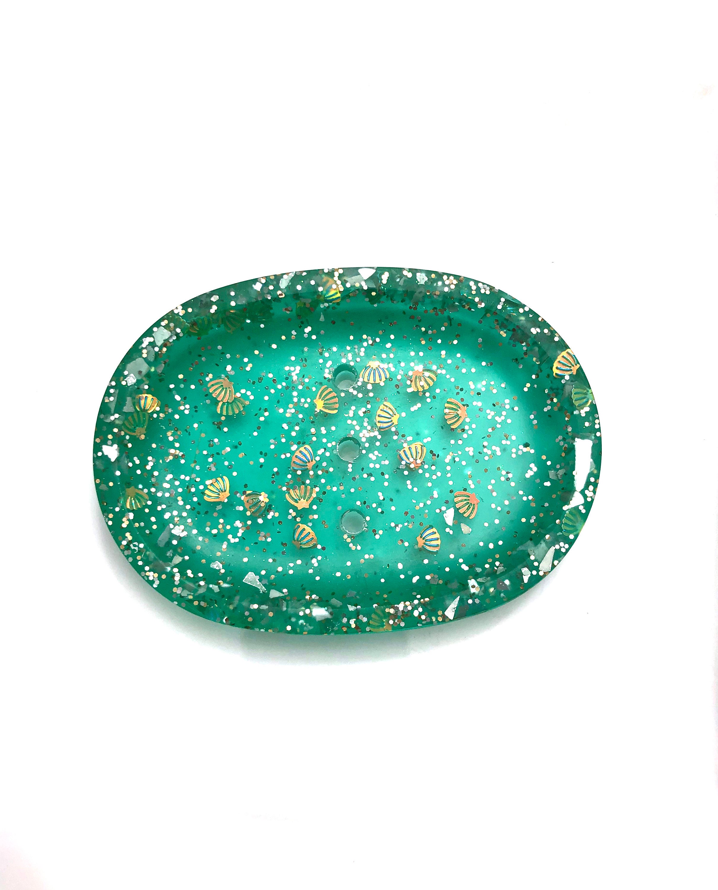 Soap Dish, Seafood Glitter Green, Saver, Oval Holder, Resin Bathroom Accessories, Drain Holes