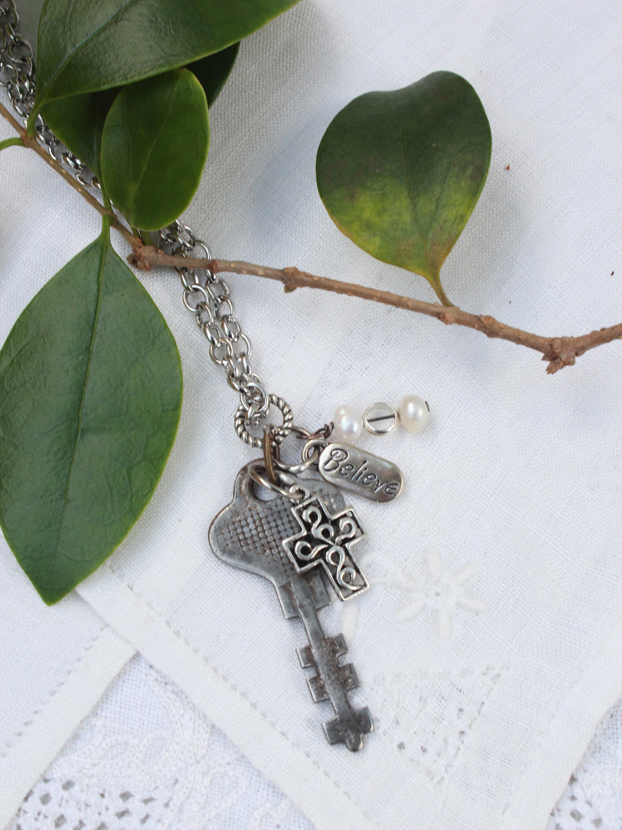 Key Jewelry Authentic Vintage Pendant with Pearls & Believe Charm On Long Chain One-Of-A-Kind Religious Gift For Holiday Or Any Day
