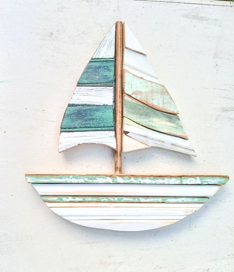 Sailboat Mosaic Art, Nautical Wall Coastal Decor, Reclaimed Wood Beach House Rustic Art