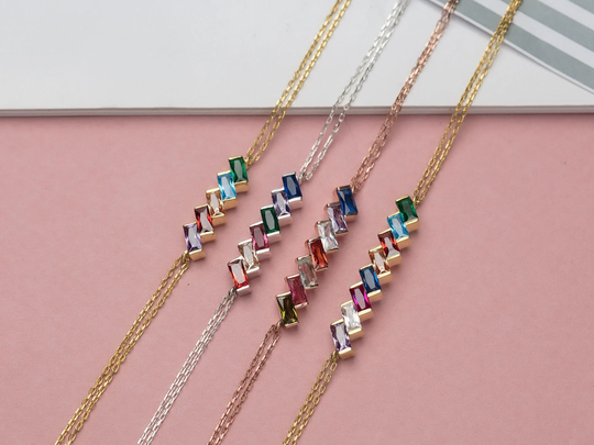 Solid Gold Unique Baguette Birthstone Bracelets, Personalized Gift, Family Jewelry, 14K Gemstone Bracelet, Valentine's Day Gifts