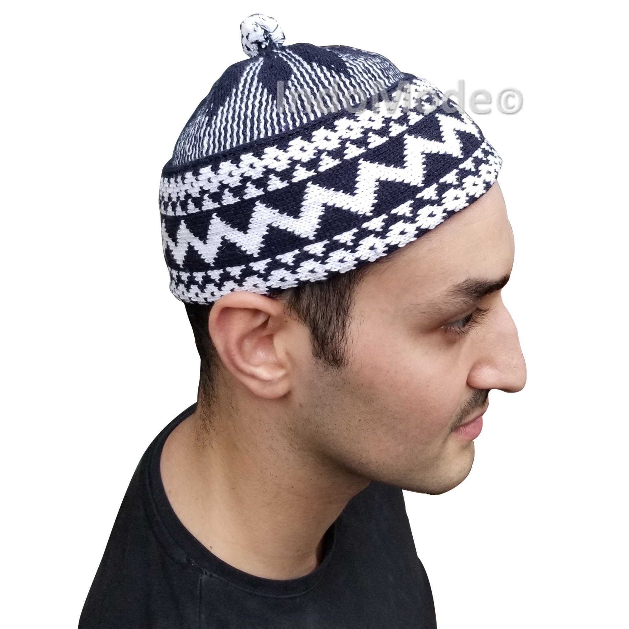 Cotton-Blend Zigzag Beanie Kufi Hat Indigo Blue Pom-Pom Top Turkish Winter Cap Muslim Fashion African Style For Cold Weather Choose Size