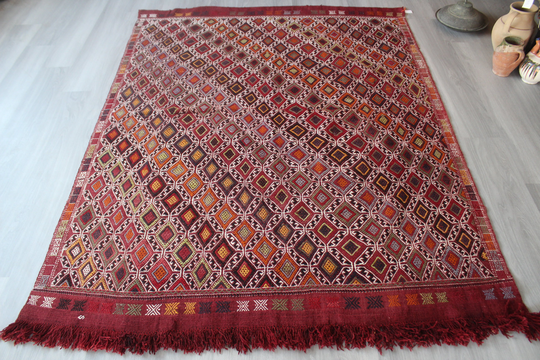 Vintage Konya Kilim, Ethnic Kilim Rug, Embroidered Red Jijim Bohemian Rug/6'x7'9" Feet N-509