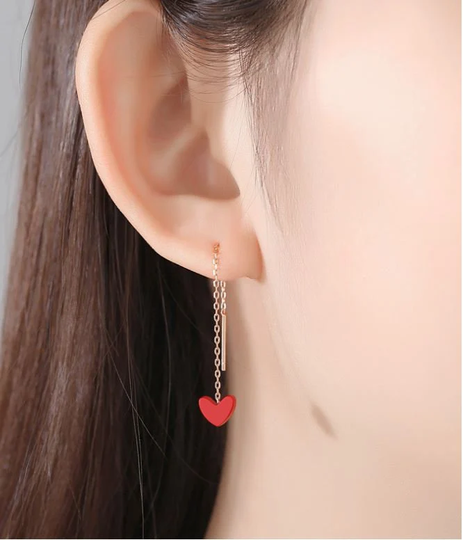 Red Heart Threader Earrings, Ear Thread, Dainty Loving 925 Silver S925 Cute Gift For Her