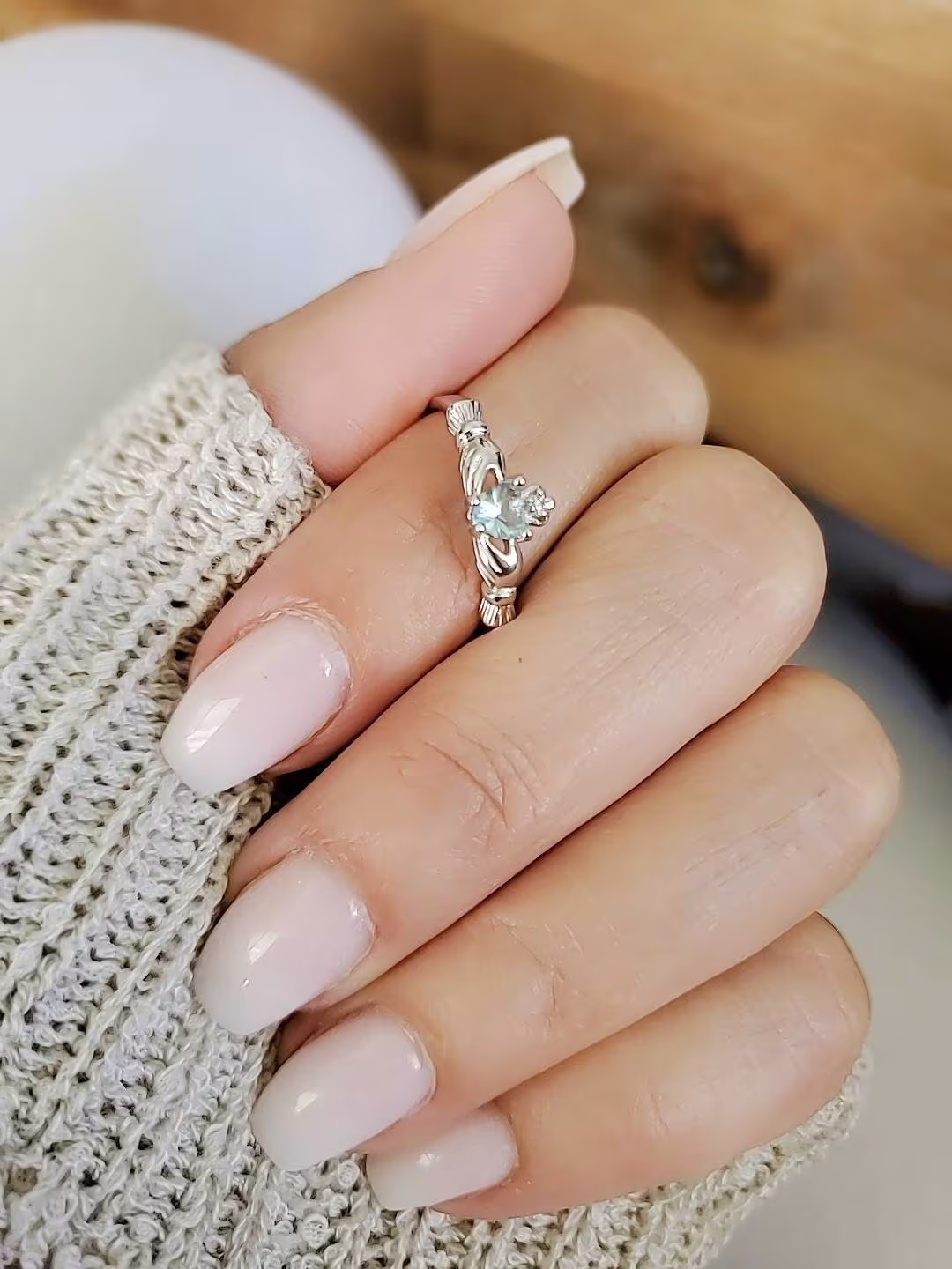 Claddagh Aquamarine Ring, Sterling Silver Friendship Loyalty 925 Silver, Irish Promise Love Womens Ring