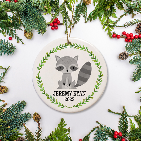 Raccoon Christmas Ornament, Personalized, Cute in Wreath Watercolor Baby's 1st 2022