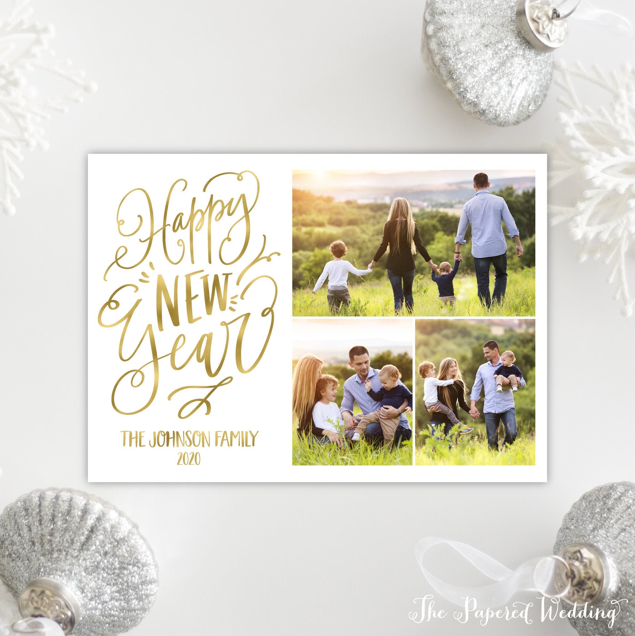 Printable Or Printed Happy New Year Cards With Three Pictures - Hand-Lettered Years in Faux Gold Foil Photos 082 P3