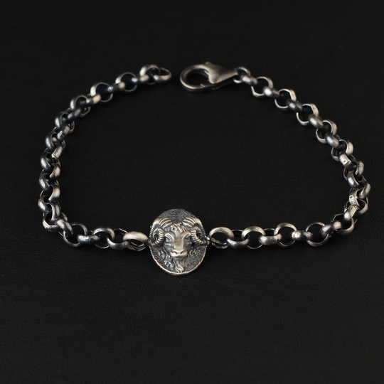 Silver Rams Head Bracelet, Goat Charm Sterling Unique Ram Chain Bracelet