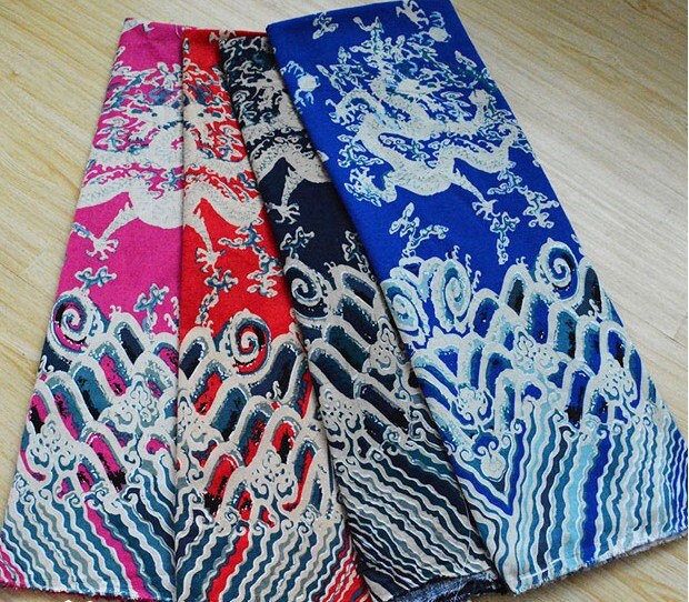 4 Colors Cotton & Linen Cloth-Chinese Folk Dragon Totem Blue Rosy Red Sapphire Fabric 1 Yard