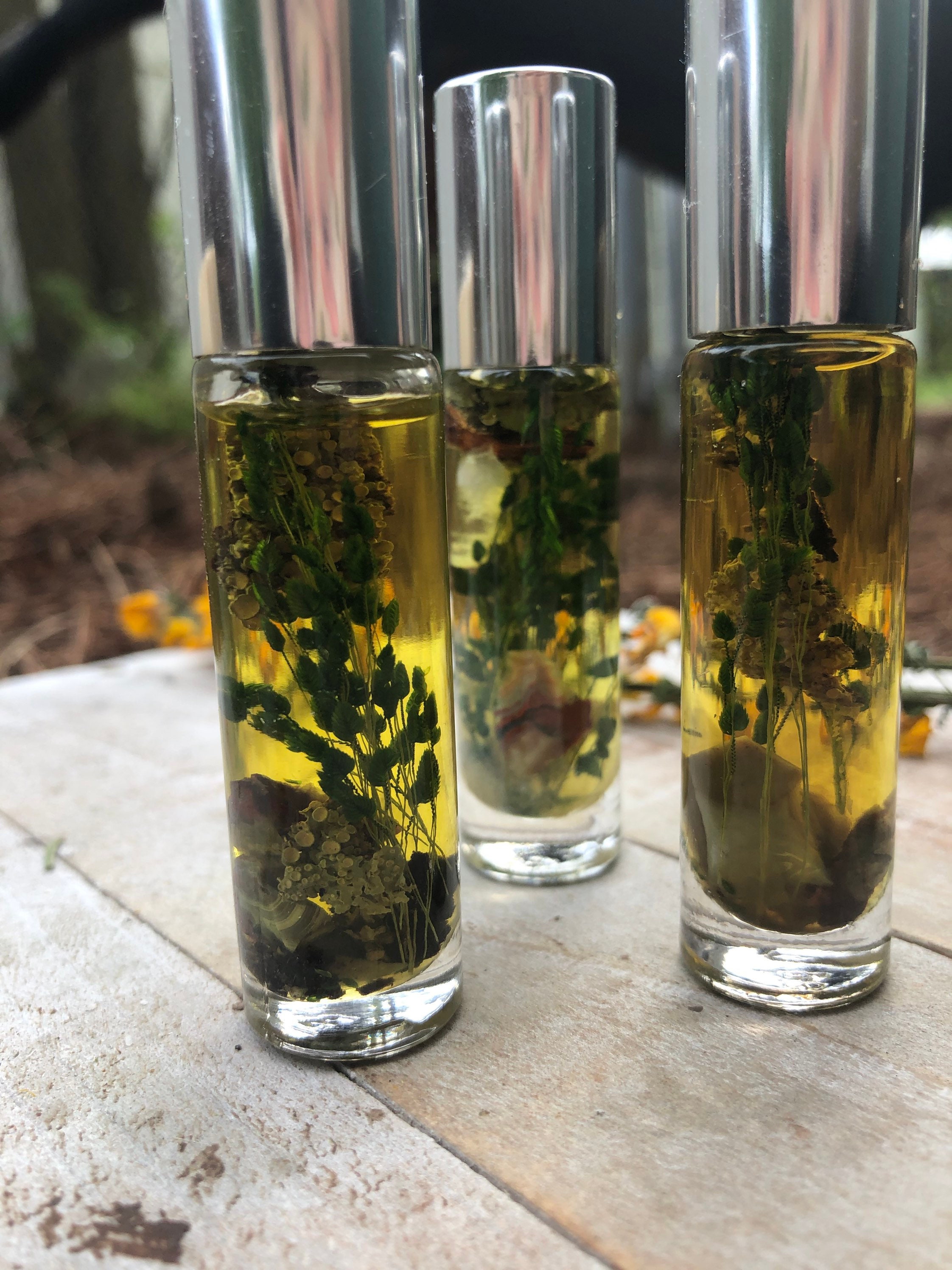 Gnome Oil Essential Blend Made By Enlighten Clothing Co - Melanie Bodnar. Crazy Lace Agate/ Mint/ Pinecones