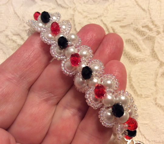 Handmade Woven Pearl Bracelet. With White, Red & Black Beads. Special Occasion. "Hugs Kisses" Pattern