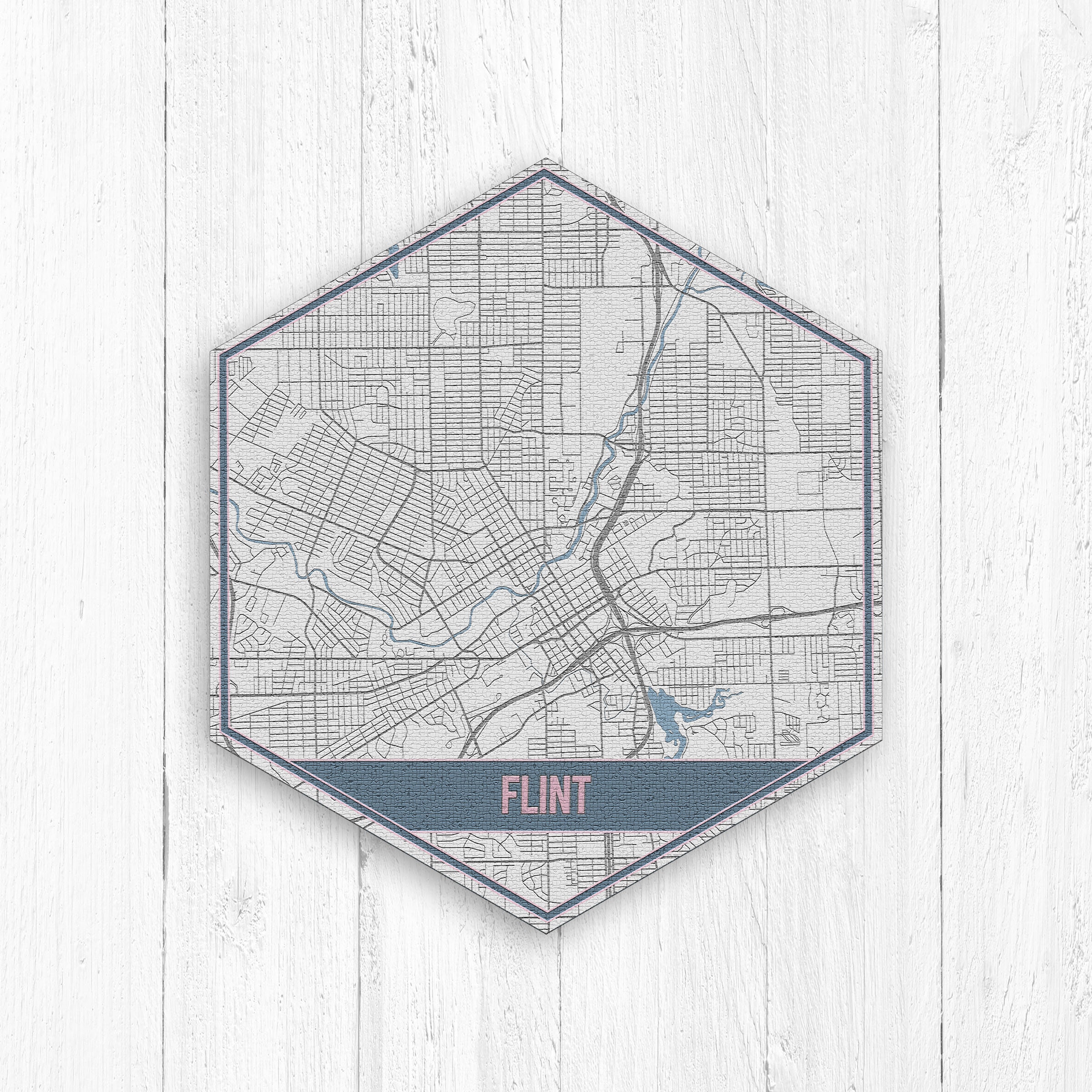 Flint Michigan Street Map, Hexagon, Gray & Blue Map Print, City Hexagon Canvas