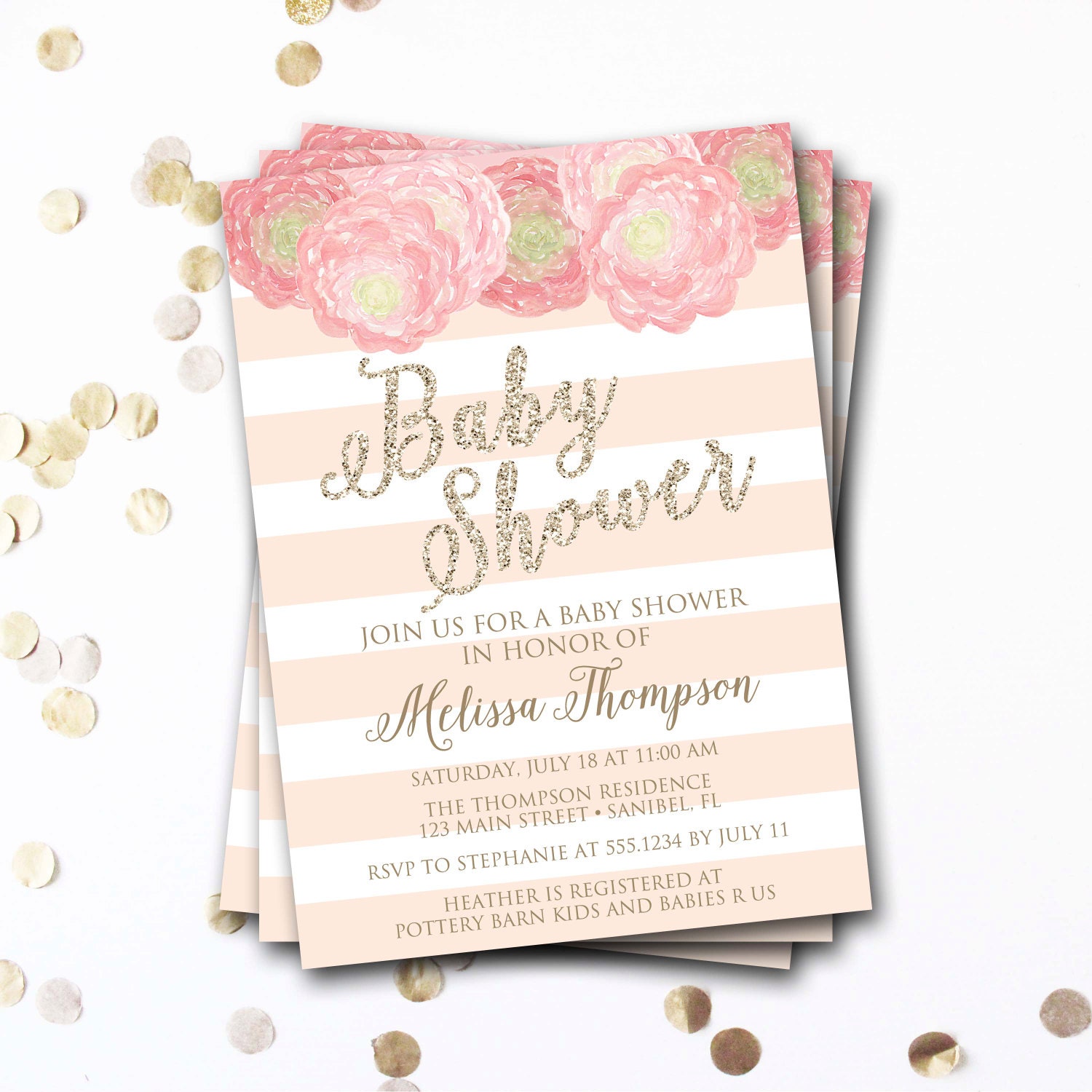 Baby Shower Invitation, Pink & Gold Watercolor Flower Girl Invitation