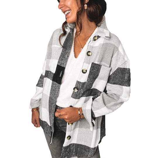 Women Plaid Wool Blend Long Sleeve Shirt Jacket Shackets - Gray, XL - xl grey