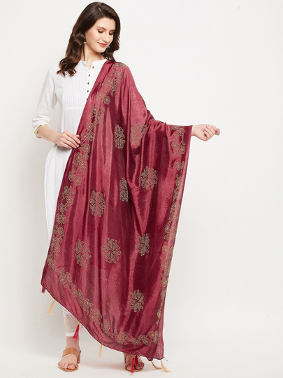 Women's Silk Blend Maroon Floral Embroidered Dupatta Sequinned, Tasselled Border Free Shipping