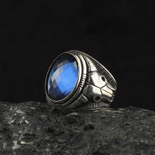 925 Sterling Silver Zircon Gemstone Bull Skull Ring, Handmade Men Ring