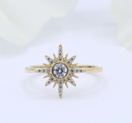 starburst Ring Bezel Round Diamond Cz Anniversary Promise Wedding Engagement Bridal Vintage Art Deco 14K Gold Rose White