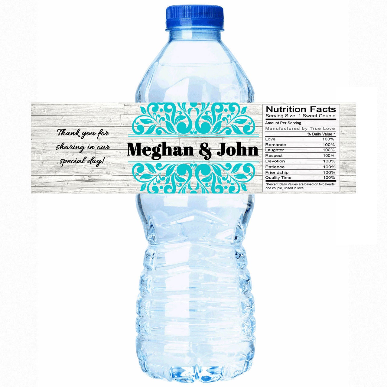 30 Personalized Ribbon Damask Wedding Water Bottle Labels - Decor Waterproof Glossy