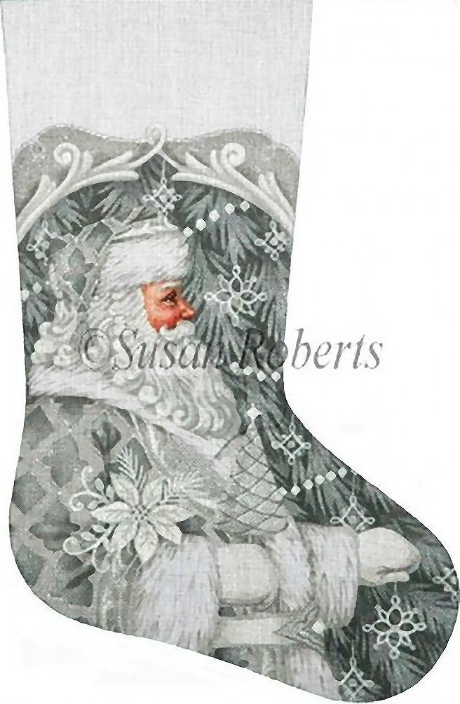 Needlepoint Handpainted Liz Goodrick Dillon Christmas Stocking Silver Santa 21 -Free Us Shipping