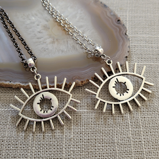 Evil Eye Necklace, Your Choice Of Gunmetal Or Silver Rolo Chain, Protection Talisman Jewelry