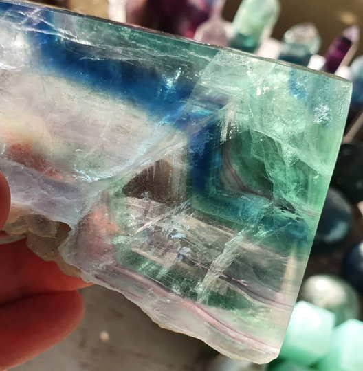 4.4" Amazing Fluorite Pointed Slice, 408 Grams Self Standing Point With Raw Edge