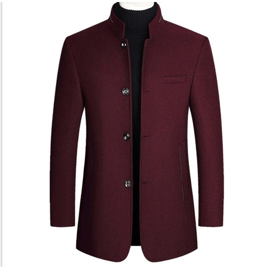 Men's Gentle Band Collar Single Breasted Blend Pea Coat - Red, L