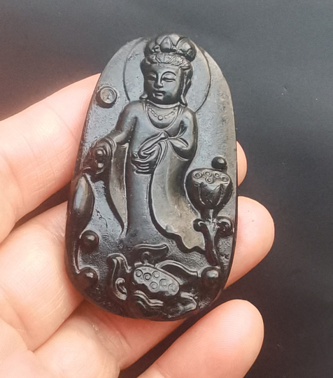 Oval Chinese Flower Bodhisattva, Natural Black Green Jade Stone Pendant, Amulet Mythical Necklace Pendant Jewerly Link Mb