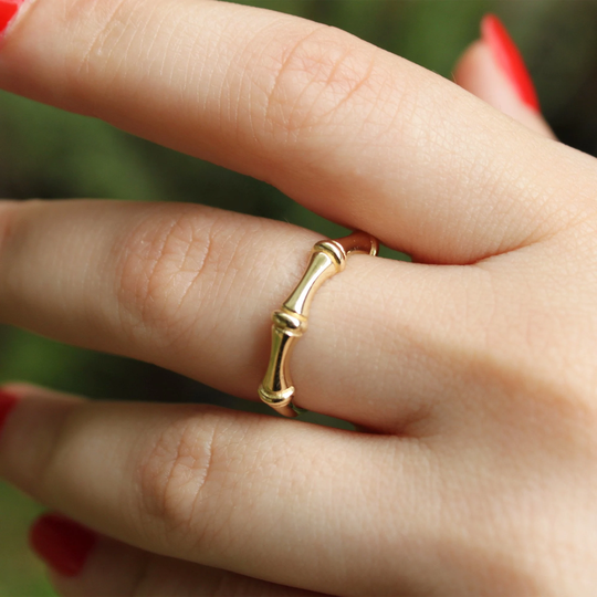 14K Solid Gold Bamboo Ring Thumb Dainty Minimalist Stackable Band Birthday Gift Christmas For Her
