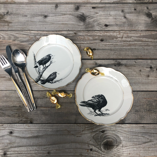Ravens & Crows Plates | 2 Pcs 19cm, Porcelain With Goldrim Handmade Silkscreen Print; Homewares, Decorating, Dining, Halloween Gift