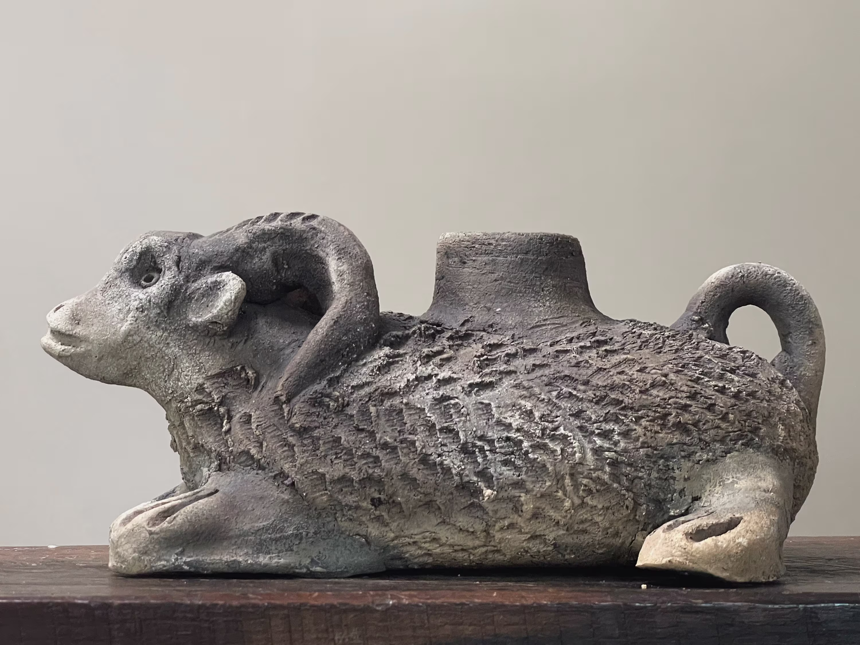 Mexican Outsider/Folk Art Wood Fired Ceramic Ram Sculptural Vessel