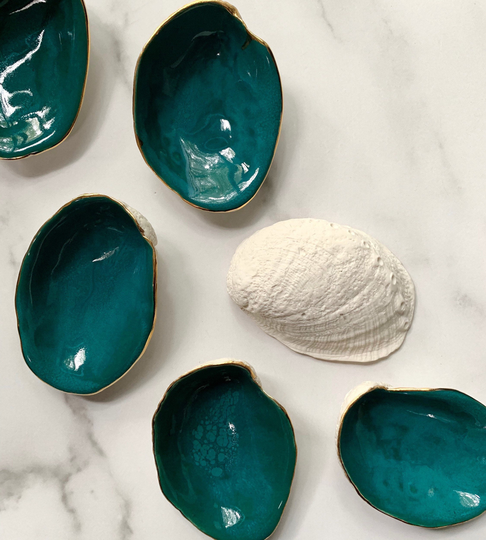 Teal Gold Trim Abalone Bowl - Blue Ring Dish, Ceramic Dish, Trinket Dish, Small
