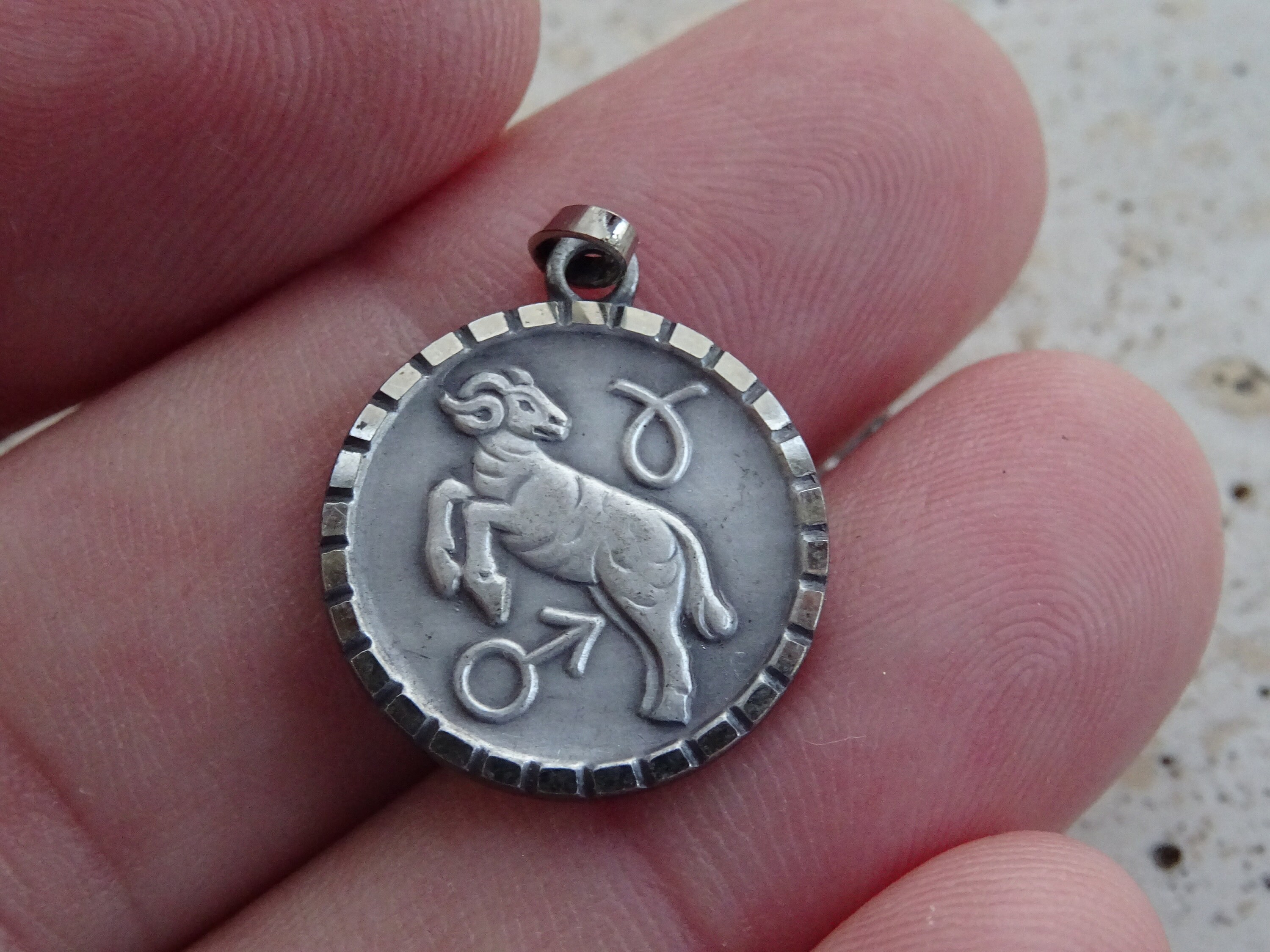 Vintage Silvered Zodiac Constellation Medal Pendant Charm Medallion Sign Of Aries. | Ram C 2