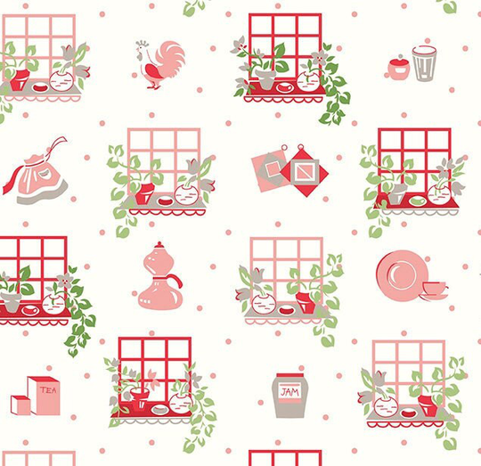 Cook Book Window Coral, Lori Holt For Riley Blake, 1/2 Yard - Cut Continuously, C11756-Coral