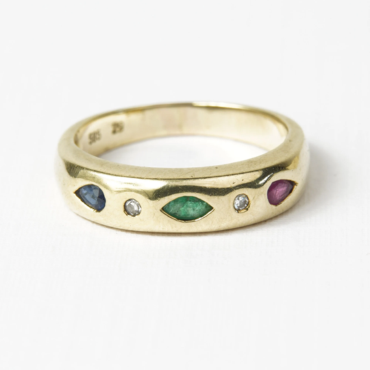 Sapphire, Ruby, Emerald & Diamond Ring | 14K Yellow Gold Size 7