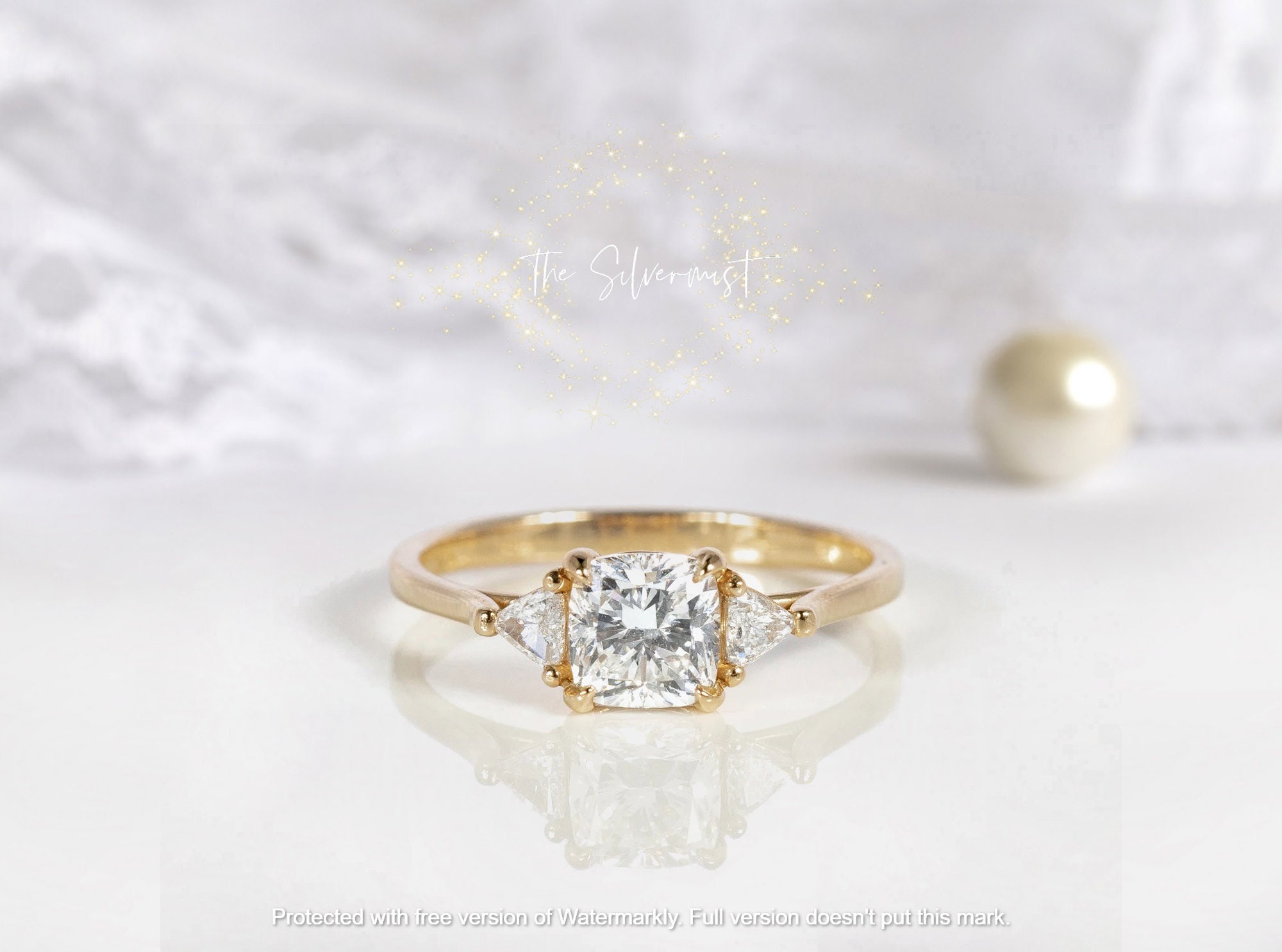 Cushion Cut Sapphire Engagement Ring 14K Yellow Gold Over 925 Sterling Silver Women Vintage Stacking Matching Unique Bridal Gift For Her