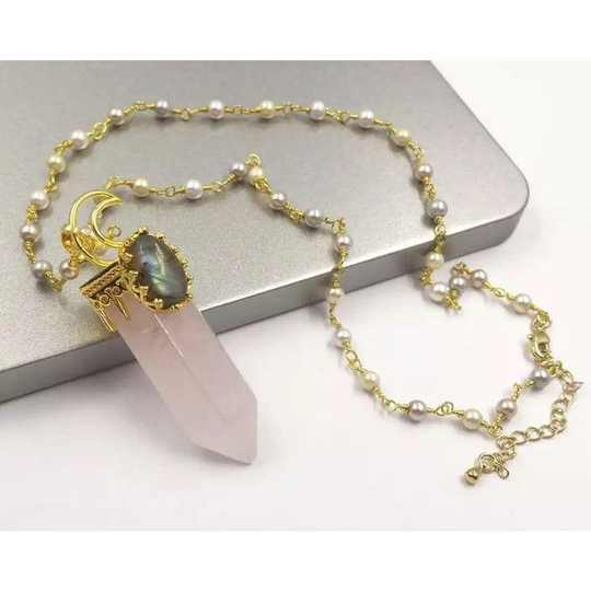 Rose Quartz Crescent Moon Pearl Necklace