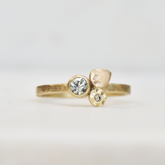Sapphire & Diamond Flower Ring in Solid 14K Gold, Handmade Bouquet Ring, Gemstone Bloom Unique Wedding Gold Floral
