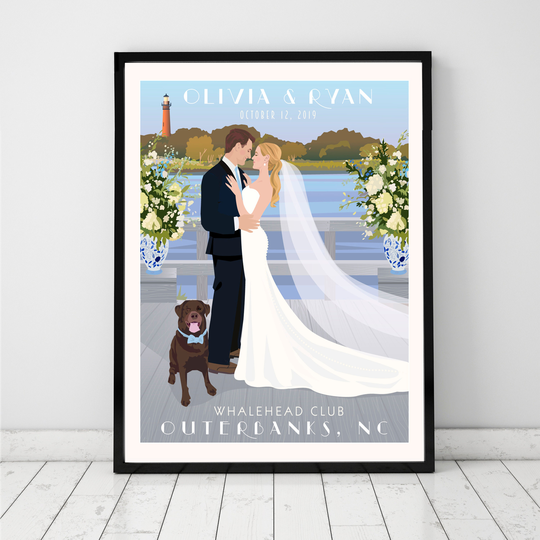 Daylight Lake Or River Wedding Poster Gift, Personalized Caricatured Bride & Groom Portrait, Anniversary Gift
