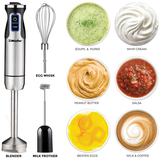 Mueller Austria Ultra-Stick 500 Watt 9-Speed Immersion Multi-Purpose Hand Blender With Whisk, Milk Frother Attachments