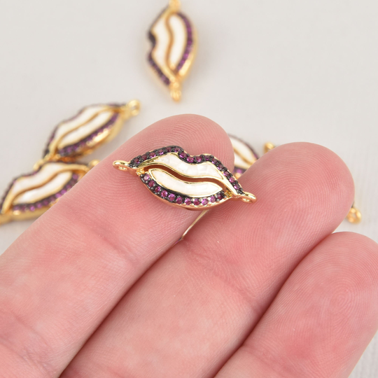 1 Gold Lips Charm, Micro Pave Connector Link, Cz Crystals Chs6410