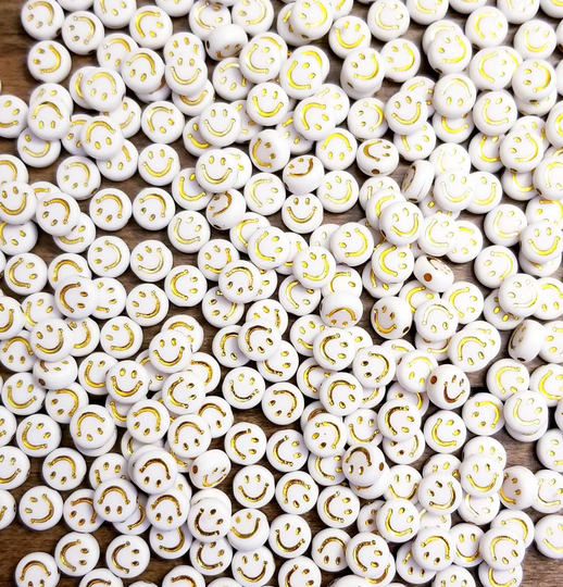 7mm X 4mm Beads Smiley Face Spacer White with Gold Faces Acrylic