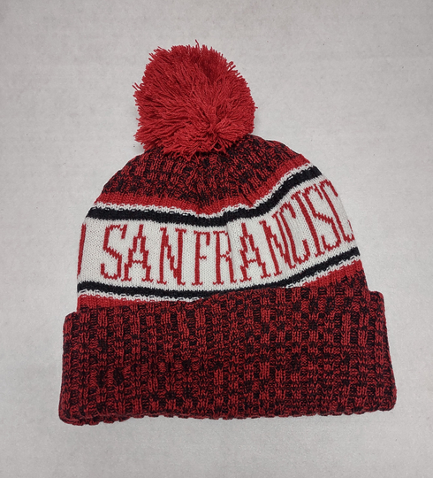 San Francisco Red/Black/White Blended Tri Color Pom Beanie. Adult One Size Will Easily Stretch To Fit Most All Great Quality Warm