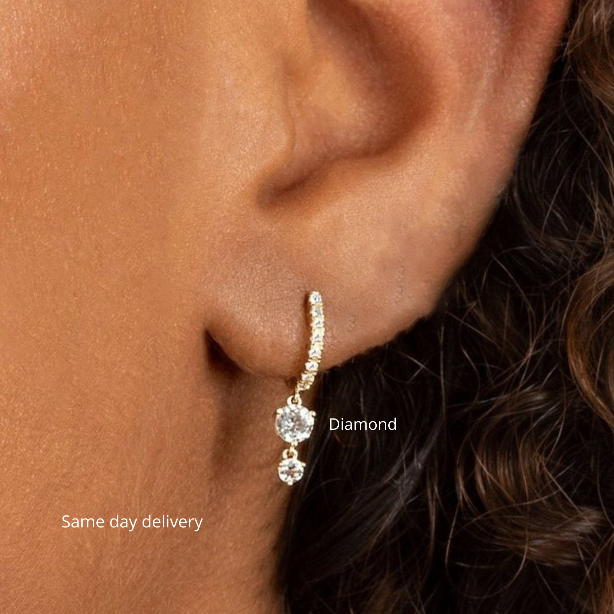 Diamond Hoop Earrings With Charm10K/14K Solid Goldhuggie Earringslab Grown Diamond Huggie Earringsdiamond Hoopscharm