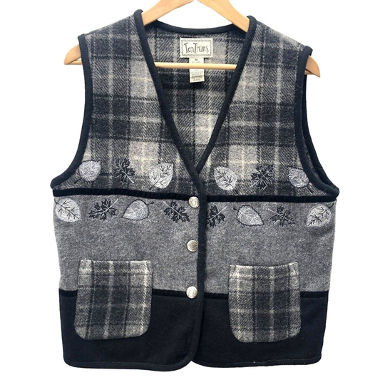 Vintage Tantrums Vest Plaid Leaves Button Wool Blend Cottage Country Large