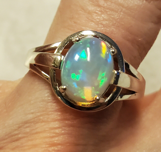 Natural Fire Opal Ring, Pretty Flash, See Video 9x7mm Ethiopian Opal, Sleek 925 Sterling Silver Oval Design Size 6