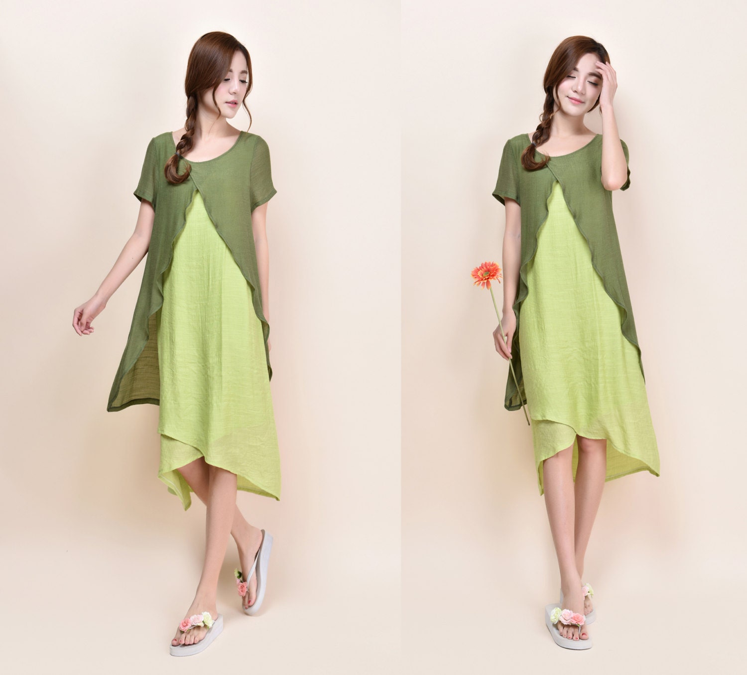 Canna Lovely Silk Linen Blend Three Layered Dress/ More Color Schemes/ Ramies
